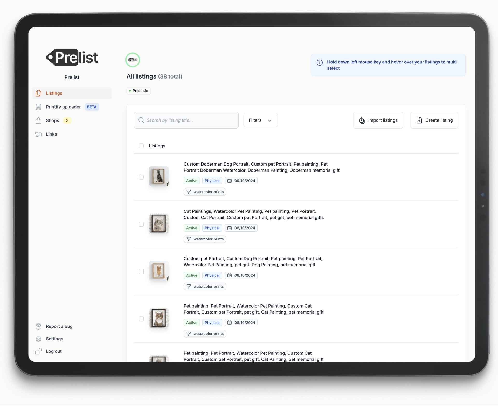 Prelist dashboard